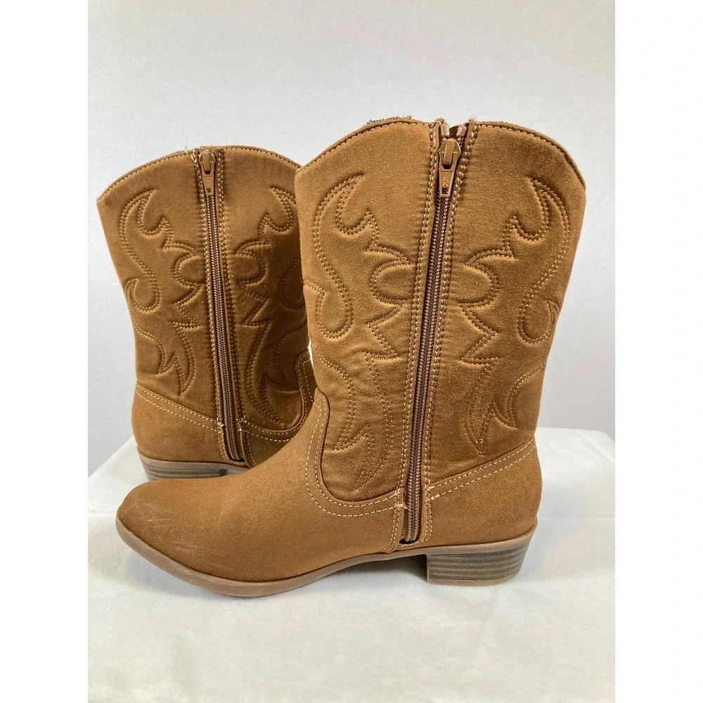 Sonoma‎ Parker Western Cowboy Boots Girls Size 6 Cognac Brown Faux Suede Zip